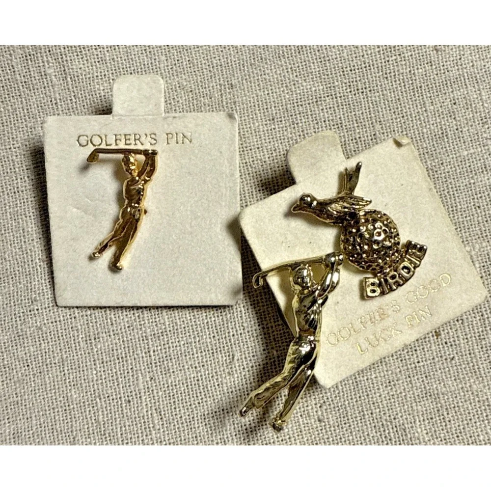 2-Men Golfer Swinging Club and 1-Birdie with golf ball Gold Tone Collectible Pin - Picture 7 of 9